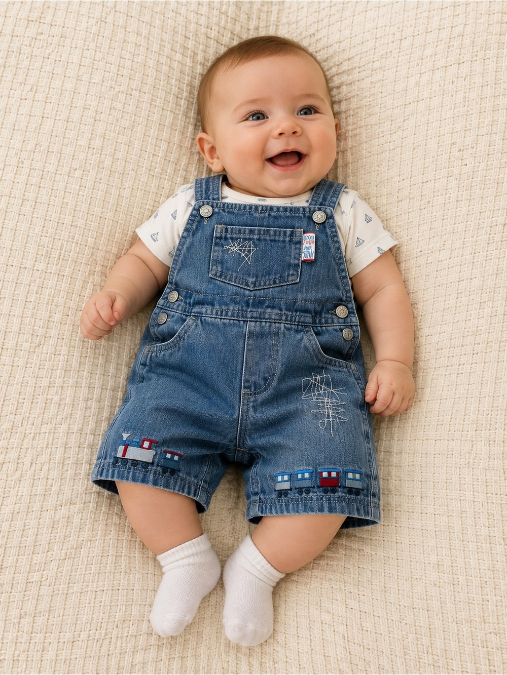 Vtg Koala Baby Unisex Denim Overalls One Piece Blue Size 3-6 Months Trains
